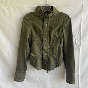 Diesel motor military jacket, button front, mock neck, forest green, size XS